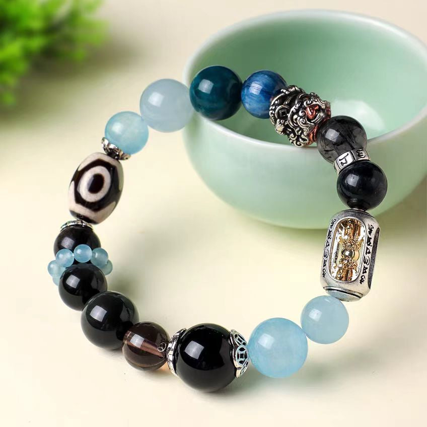 Aquamarine & Black Obsidian Bracelet