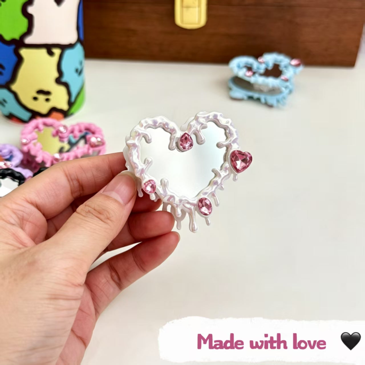 Bling Rhinestone Heart Mirror Beads with Hole DIY Phone Strap Keychain Bag Charm Jewelry Accessories (2pcs)