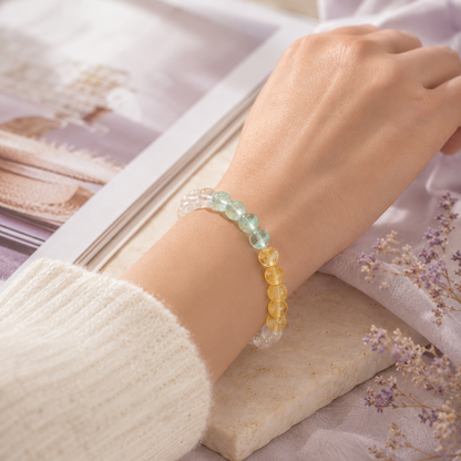 Exquisite Natural Prehnite, Citrine & Clear Quartz Beaded Bracelet for Women, Luxury Hand-strung Crystal Jewelry, Prosperity & Good Luck Accessory