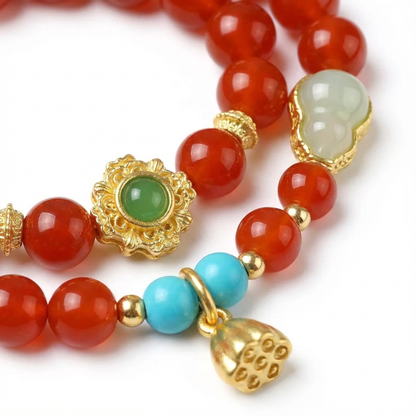 Red Agate Double-Layer Bracelet with Gourd Charm