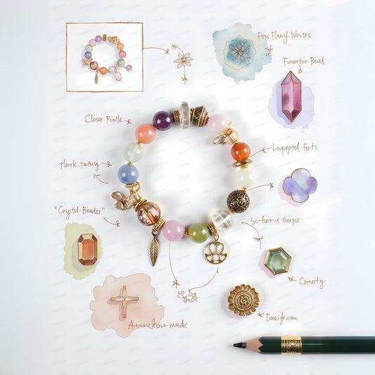 Colorful beaded bracelet with various charms on a white background, labeled with descriptions.