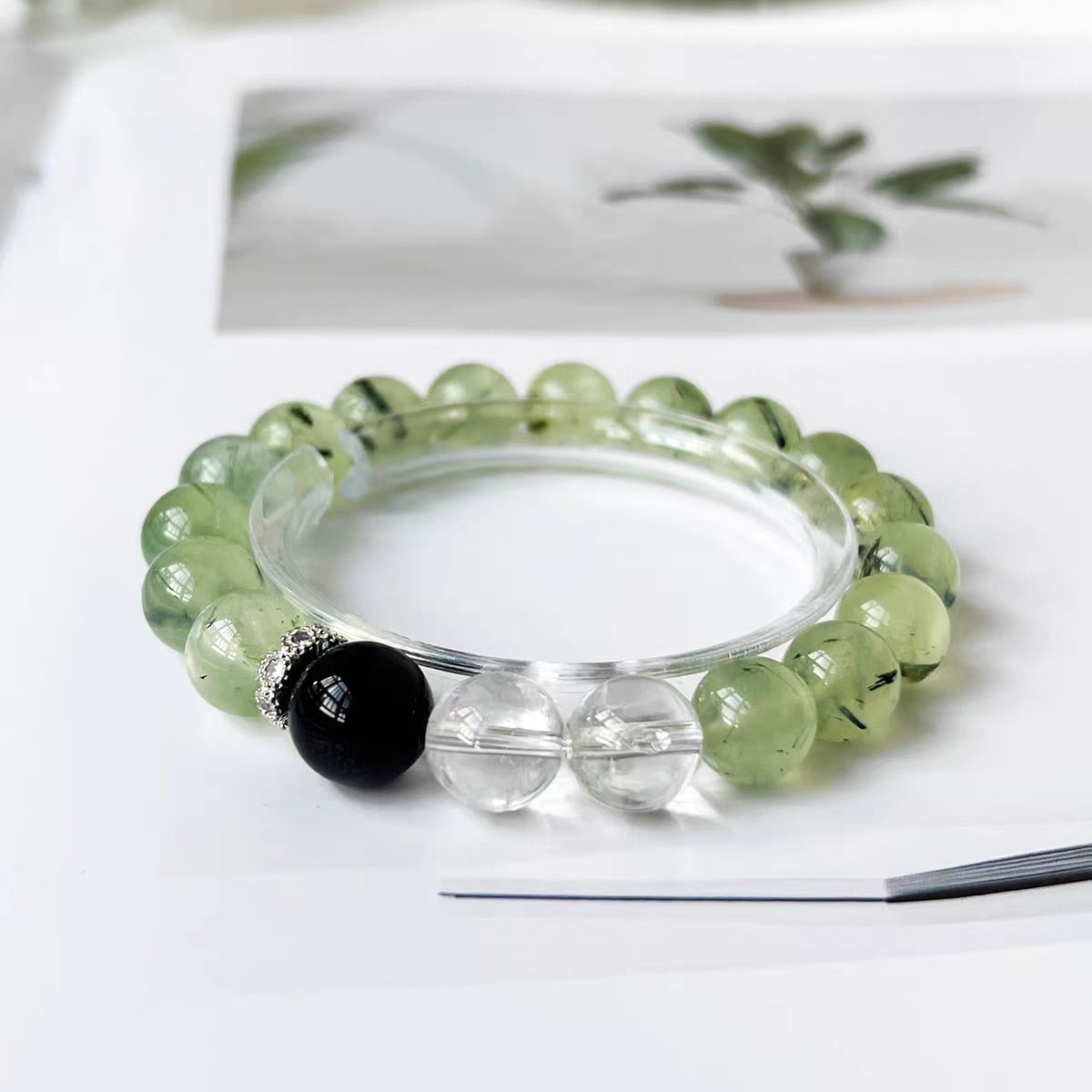Green Phantom Quartz, Clear Quartz  Obsidian Bracelet