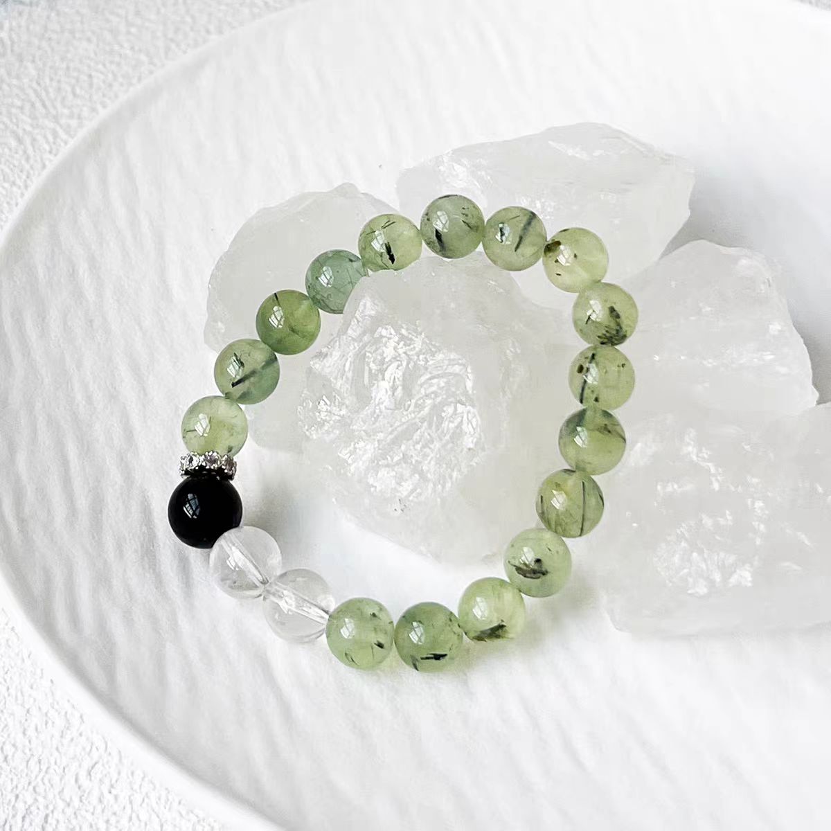 Green Phantom Quartz, Clear Quartz  Obsidian Bracelet