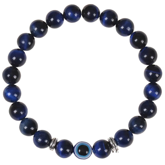Healing Crystal Bracelet with Blue Tiger Eye and Evil Eye Bead for Protection and Intuition