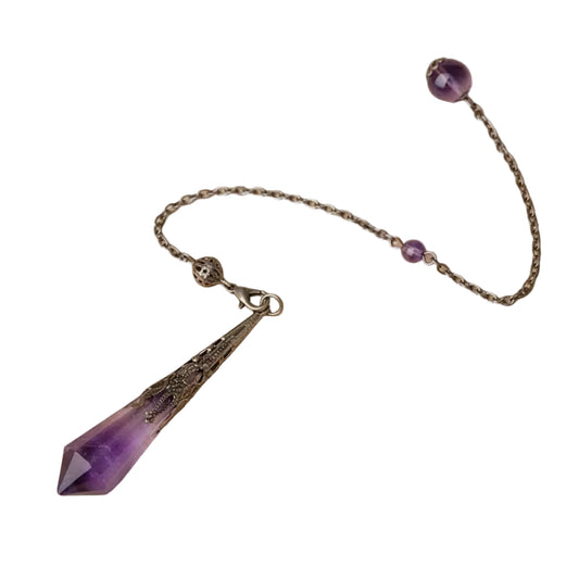 Purple crystal pendant on a chain against a white background