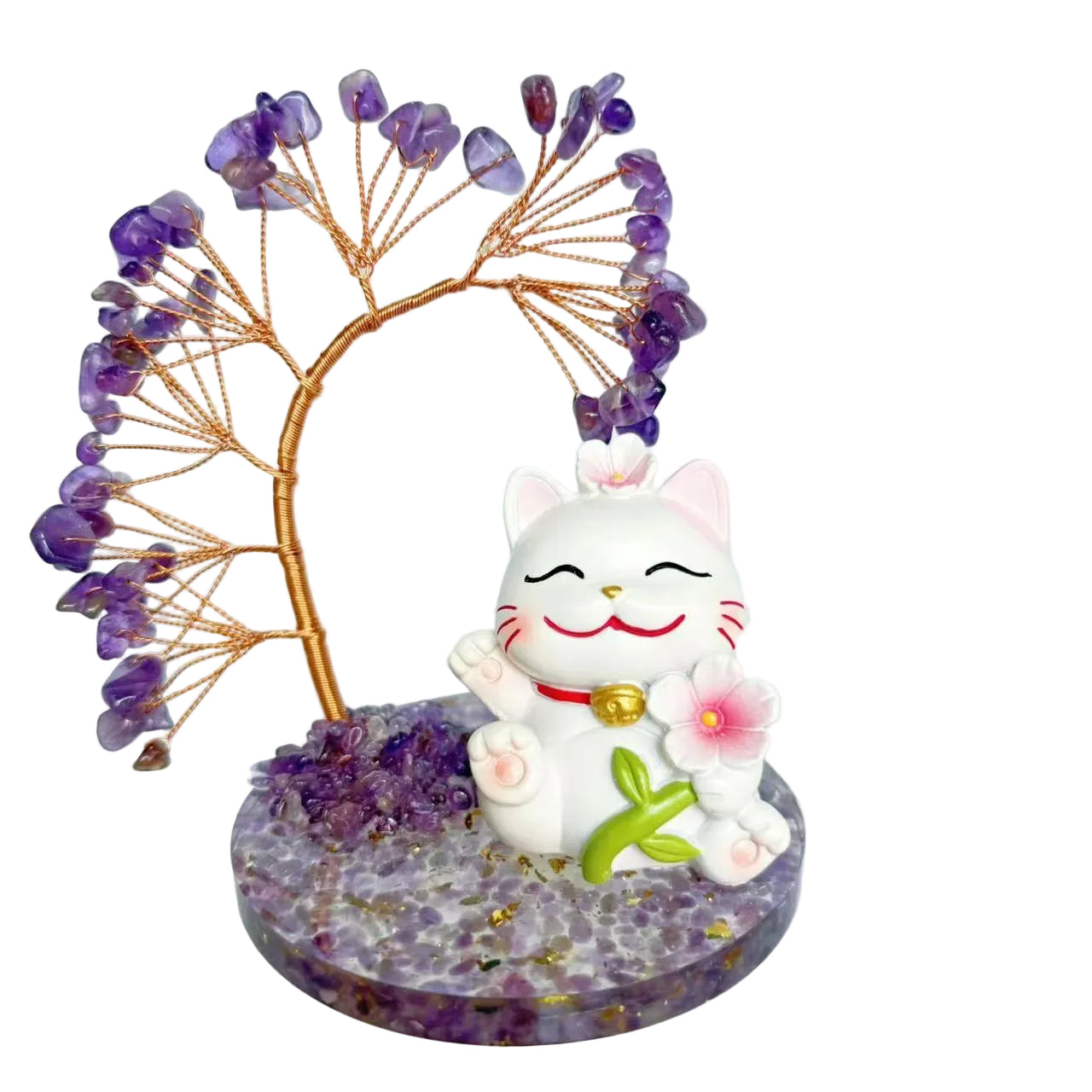 Rose Quartz Money Tree with Lucky Cat – Prosperity & Love Charm