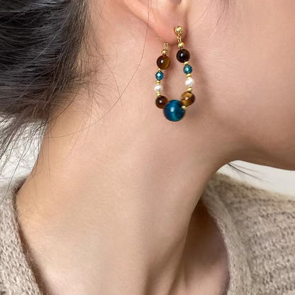 Tiger Eye & Blue Goldstone Hoop Earrings