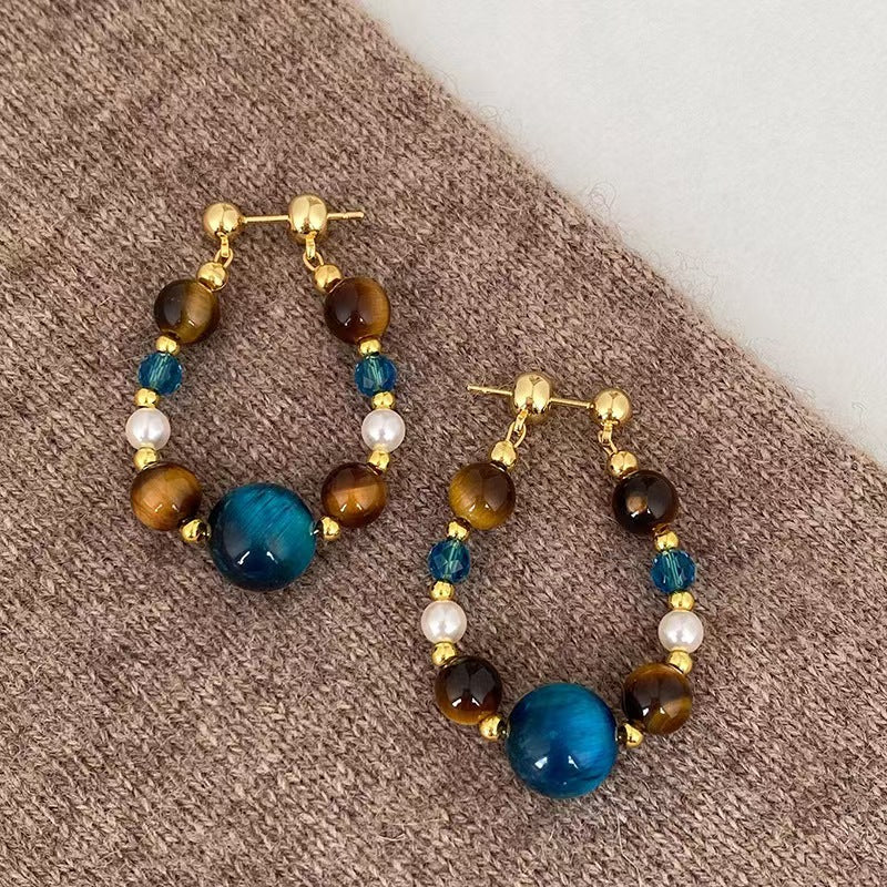 Tiger Eye & Blue Goldstone Hoop Earrings