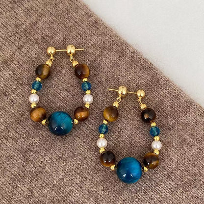 Tiger Eye & Blue Goldstone Hoop Earrings