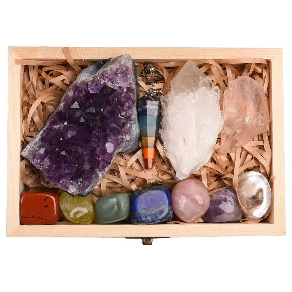 Natural Crystal  Box Amethyst, Clear Quartz & Chakra Gemstones Gift Set