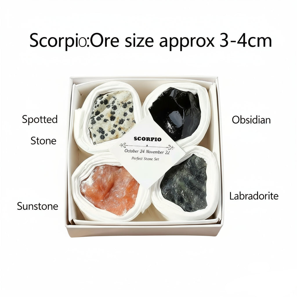 Set of four stones labeled Spotted Stone, Obsidian, Gunstone, and Labradorite in a box on a white background.