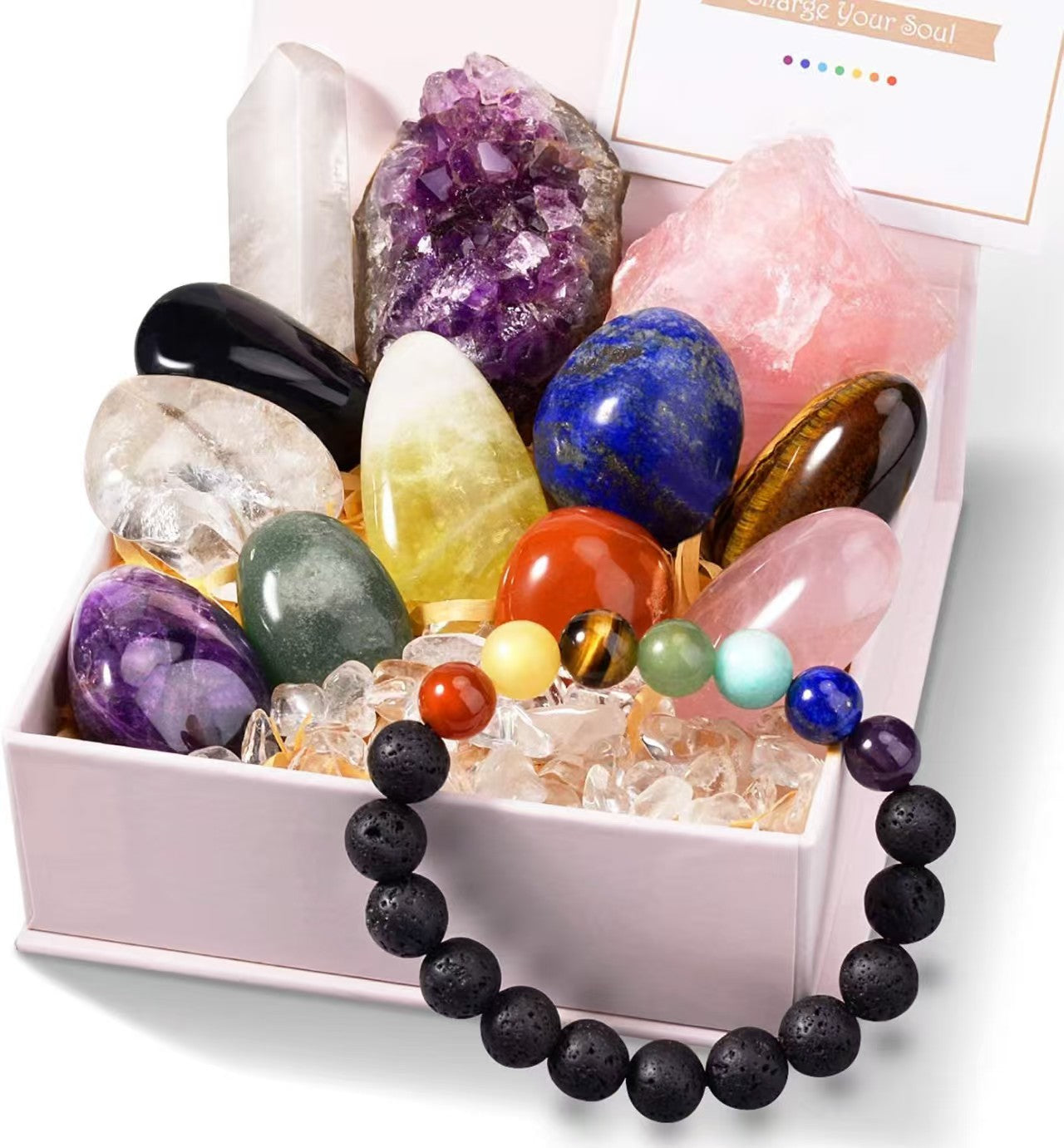 Chakra Crystal Gift Set – Raw Stones, Polished Gems & 7-Chakra Bracelet