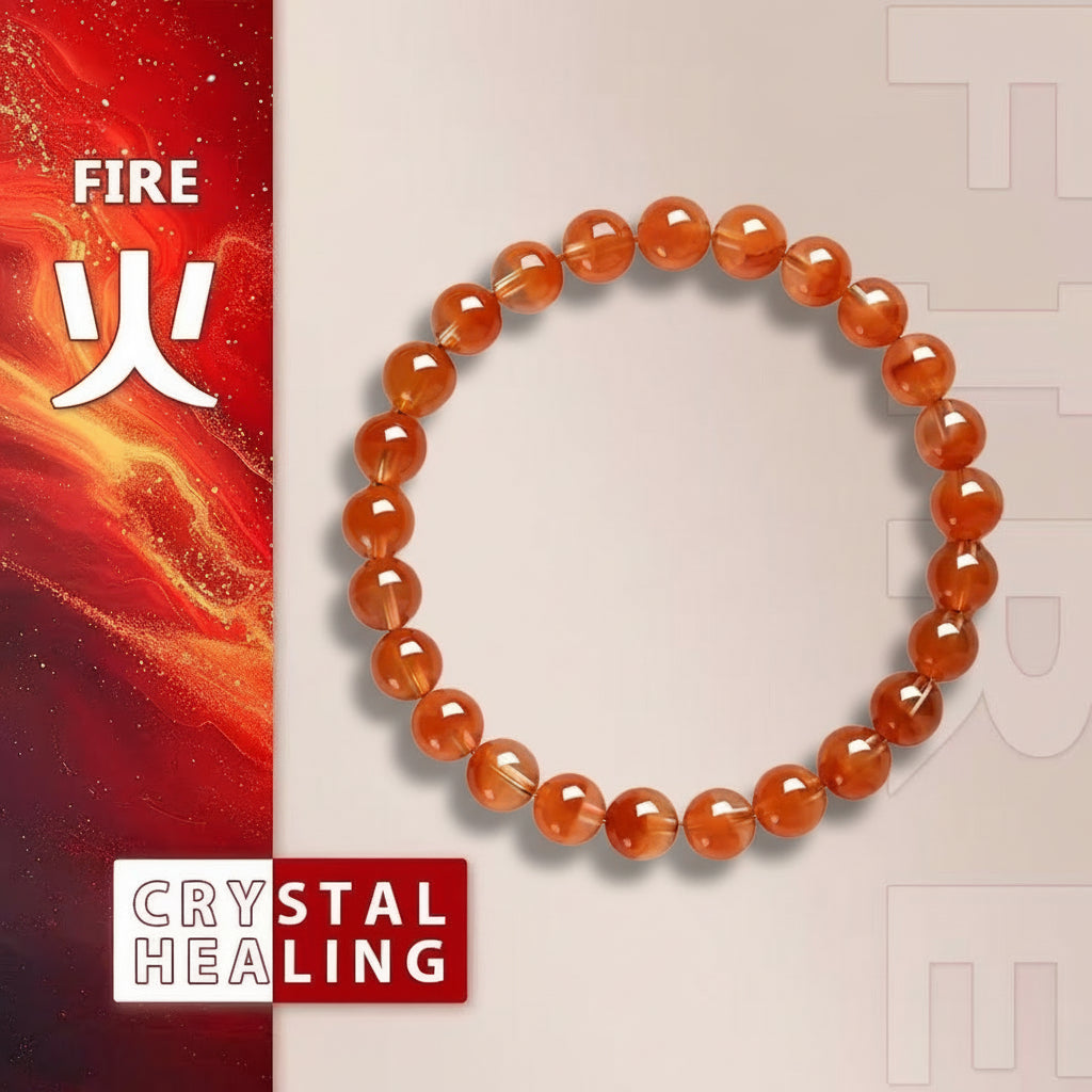 Orange beaded bracelet on a light gray background with fiery design and text.