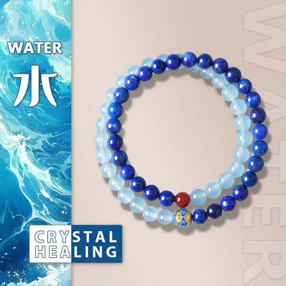 Blue beaded bracelet with a red and gold element on a beige background, next to water-themed graphics and text.