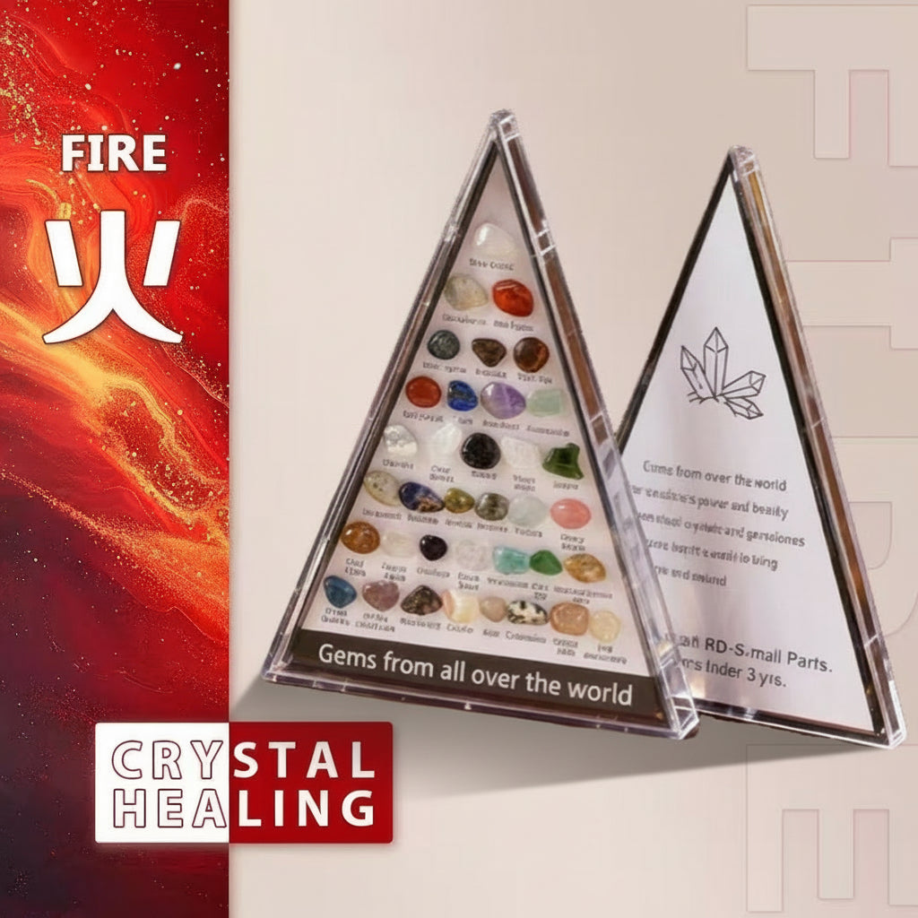 Triangular display case with gemstones and a label on a beige background