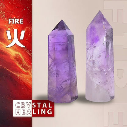 Two purple crystal points with fiery and healing text on a red and beige background