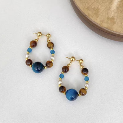 Tiger Eye & Blue Goldstone Hoop Earrings