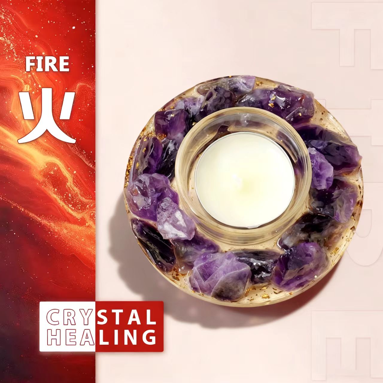 Natural Amethyst Crystal Candle Holder | Chakra Resin Tealight Base