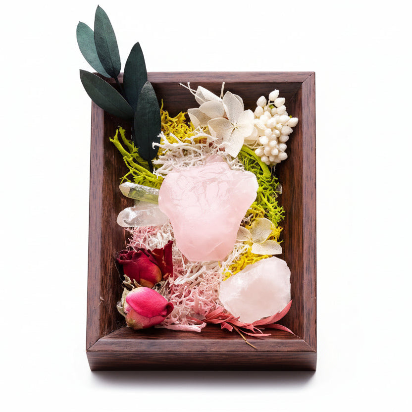 Mini Crystal Moss Frame Art – Rose Quartz & Preserved Flowers (Handmade)