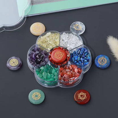 Chakra Crystal Grid Set – 7-Color Tumbled Stones with Engraved Chakra