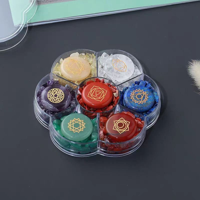 Chakra Crystal Grid Set – 7-Color Tumbled Stones with Engraved Chakra