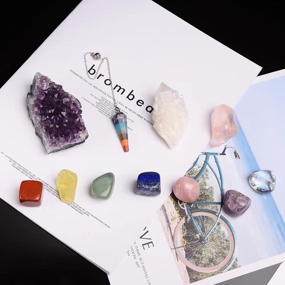 Natural Crystal  Box Amethyst, Clear Quartz & Chakra Gemstones Gift Set