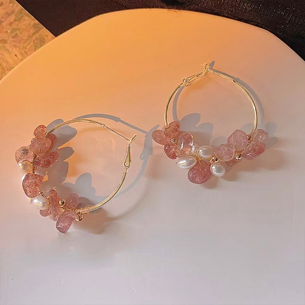 Strawberry Quartz & Pearl Hoop Earrings