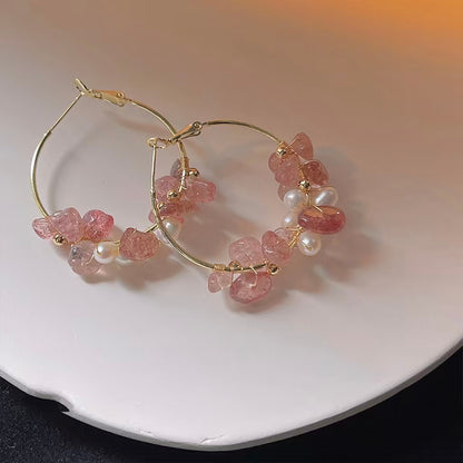Strawberry Quartz & Pearl Hoop Earrings