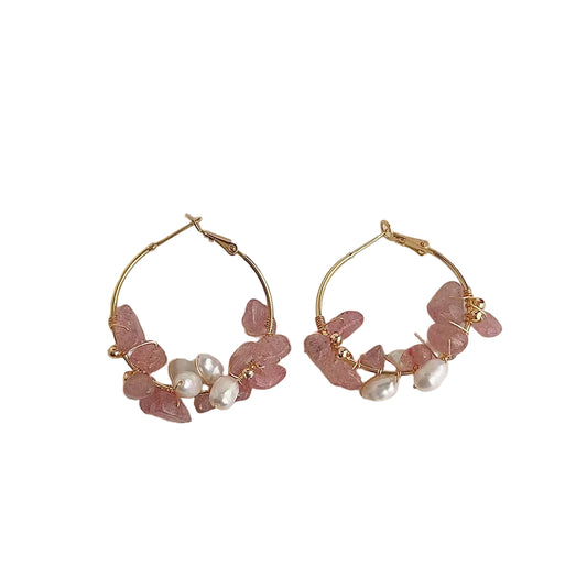 Strawberry Quartz & Pearl Hoop Earrings
