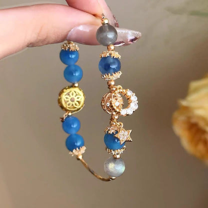 Natural Gray Moonstone & Blue Crystal  Bracelet