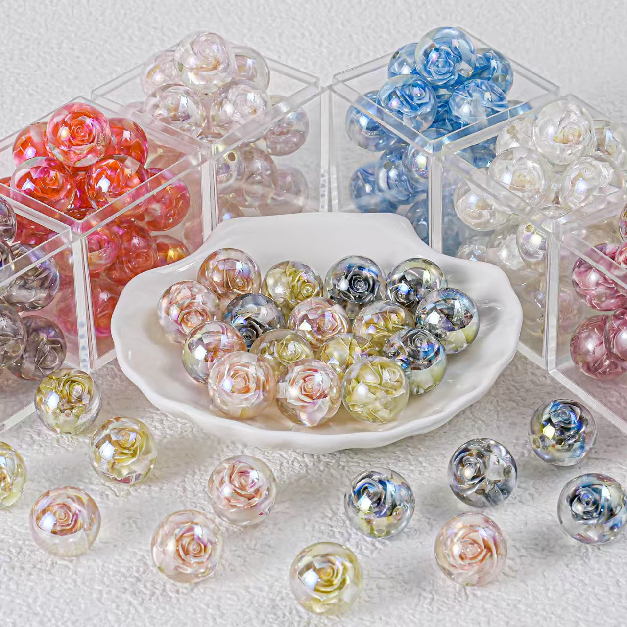 16mm Iridescent Rose Beads Transparent Acrylic Flower Beads | DIY Jewelry, Bracelets, Phone Charms & Bag Chains 20 pcs