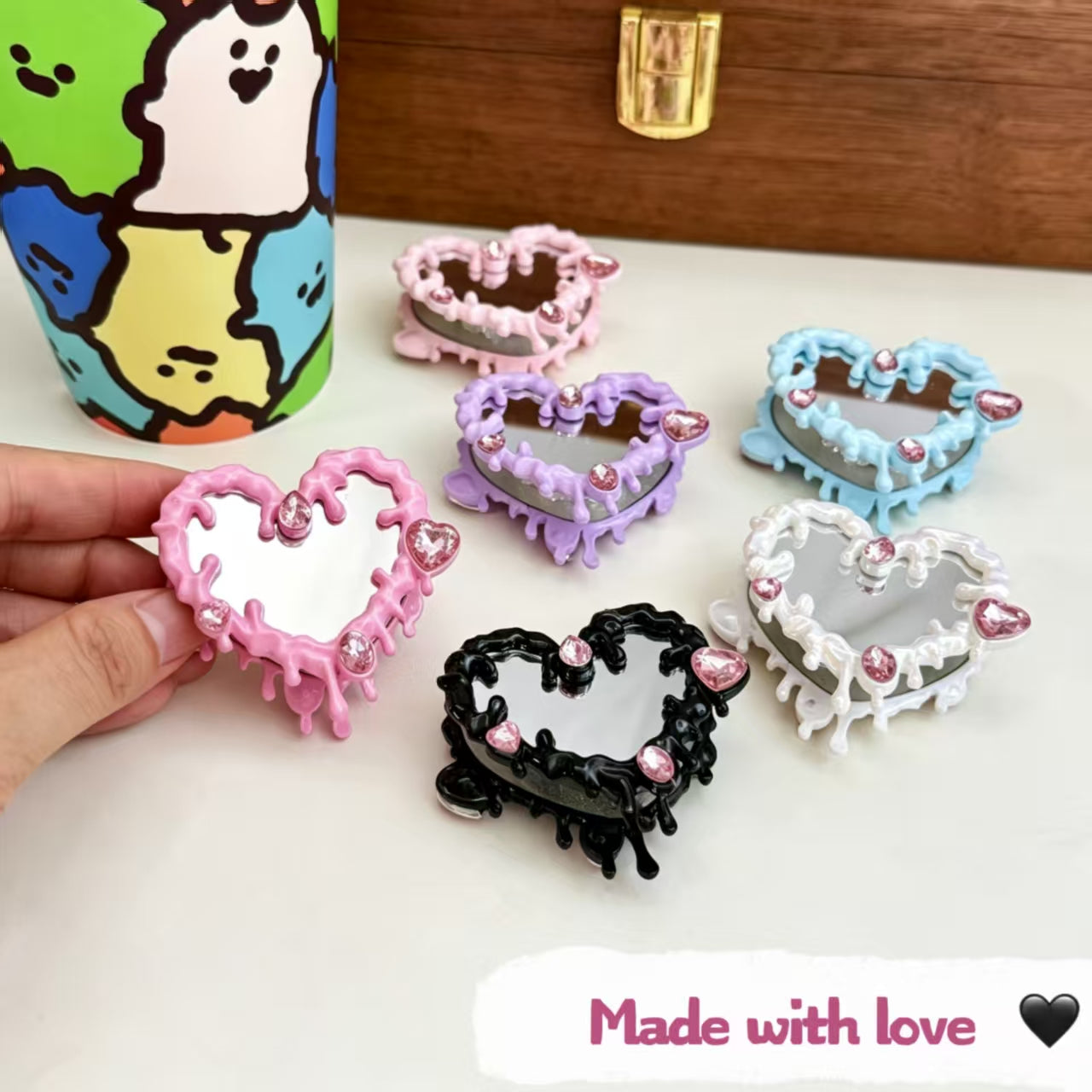 Bling Rhinestone Heart Mirror Beads with Hole DIY Phone Strap Keychain Bag Charm Jewelry Accessories (2pcs)