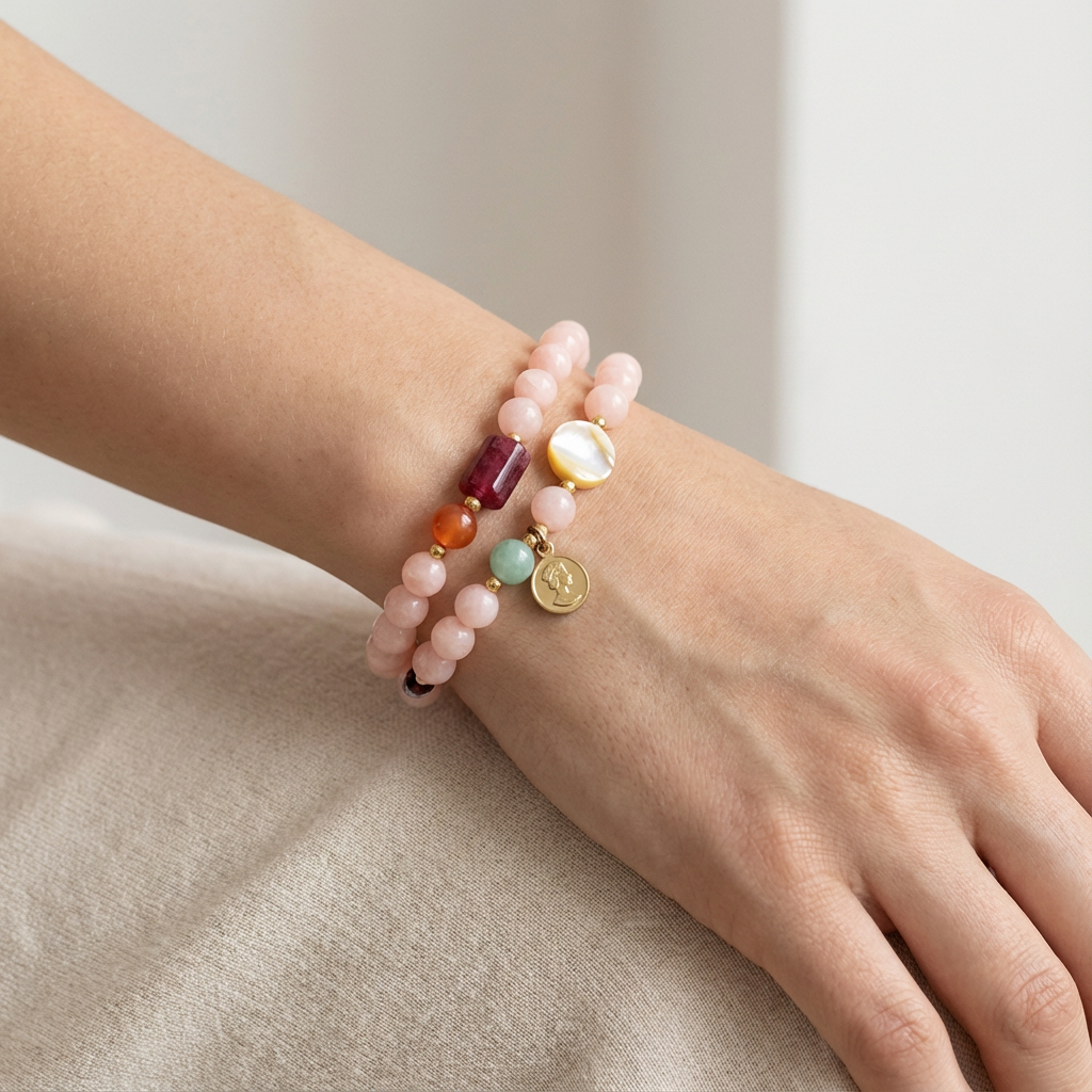 Rose Quartz & Strawberry Crystal Double-Layer Bracelet