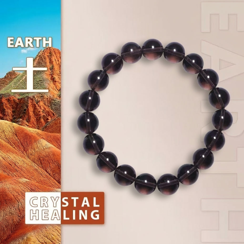 Black beaded bracelet on a beige background with 'Earth' and 'Crystal Healing' text.