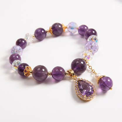 Natural Amethyst Teardrop Crystal Bracelet - Elegant Purple Gemstone Charm - Mori Style Handmade Jewelry, Romantic Gift for Her
