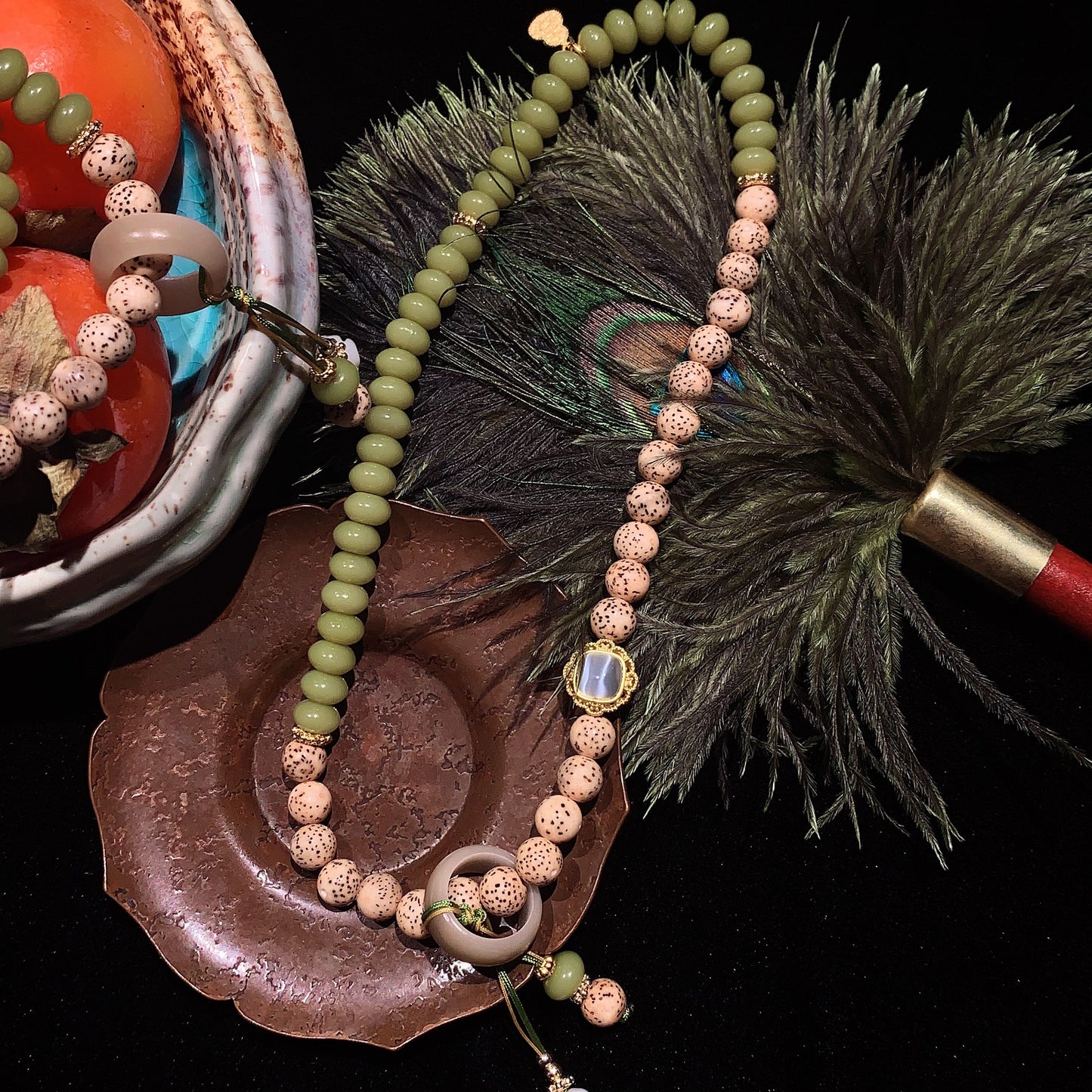 Green Dual-Layer Natural Stone Bracelet Tassel Charm necklace