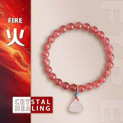 Pink beaded bracelet with a pendant on a red and beige background with text and graphics.