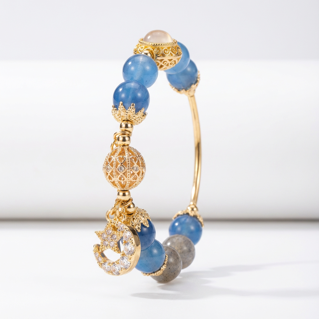 Natural Gray Moonstone & Blue Crystal  Bracelet