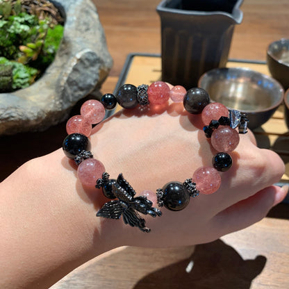 Strawberry Quartz & Silver Obsidian Crystal Black Butterfly Bracelet