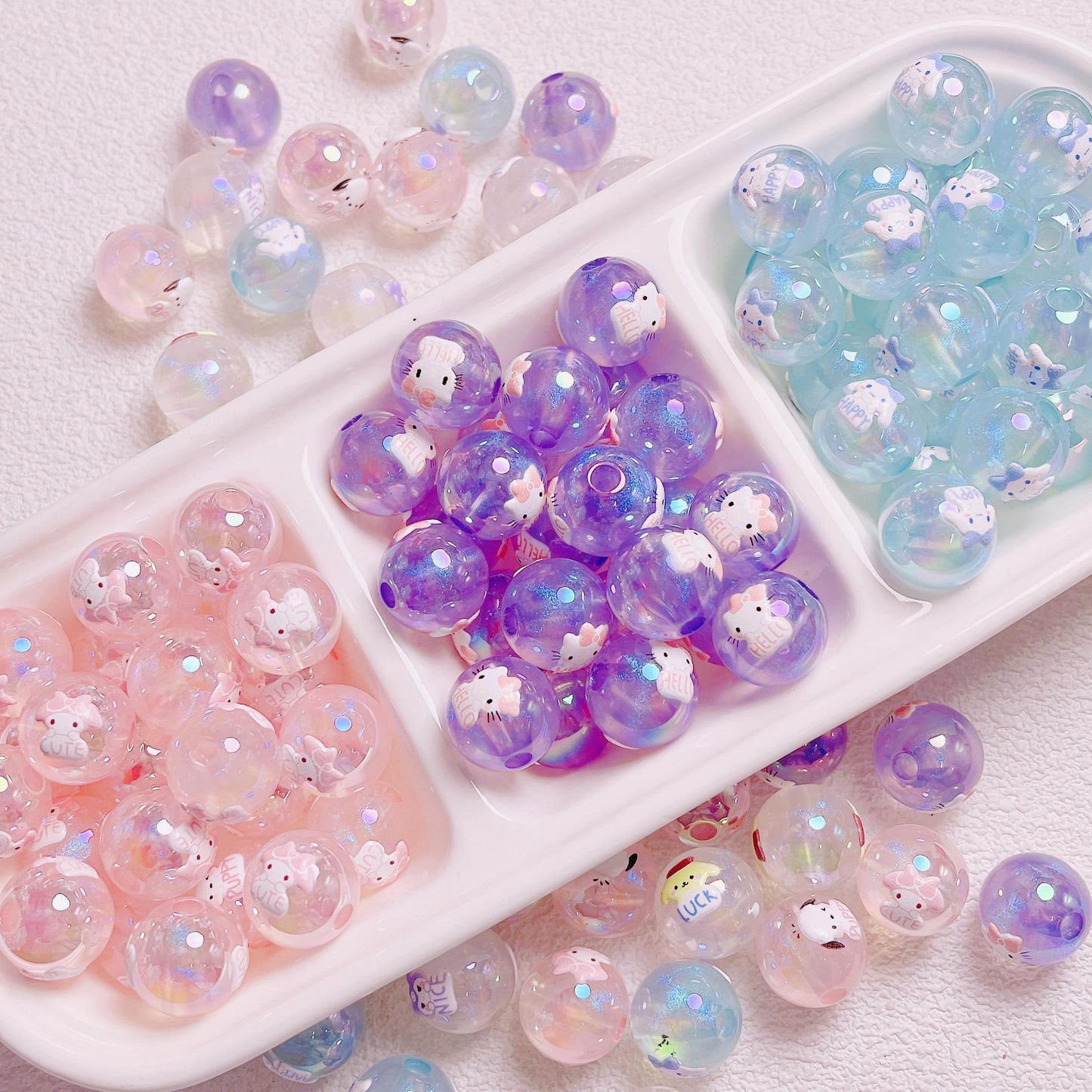 Cartoon Shimmer 3D Printed Sanrio Round Beads | Straight Hole Loose Beads | DIY Phone Charm Bracelet Materials Jewelry Findings