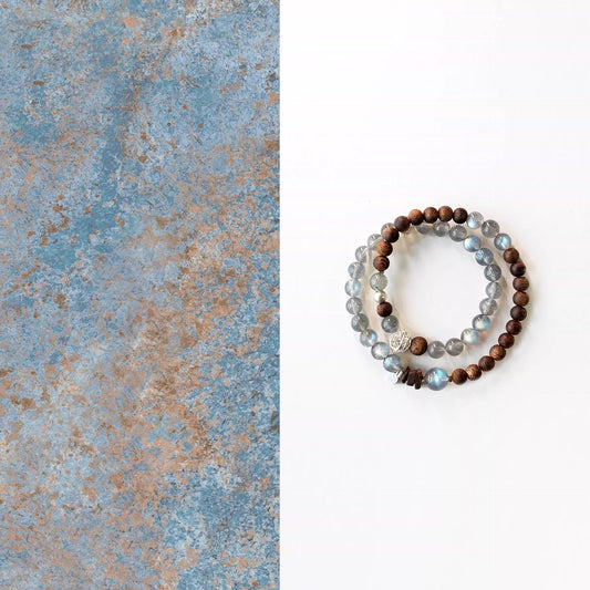 Natural Grey Moonstone & Sandalwood Crystal Bracelet - Double Wrap Lucky Beads for Wealth & Good Fortune - Couple's Jewelry Gift
