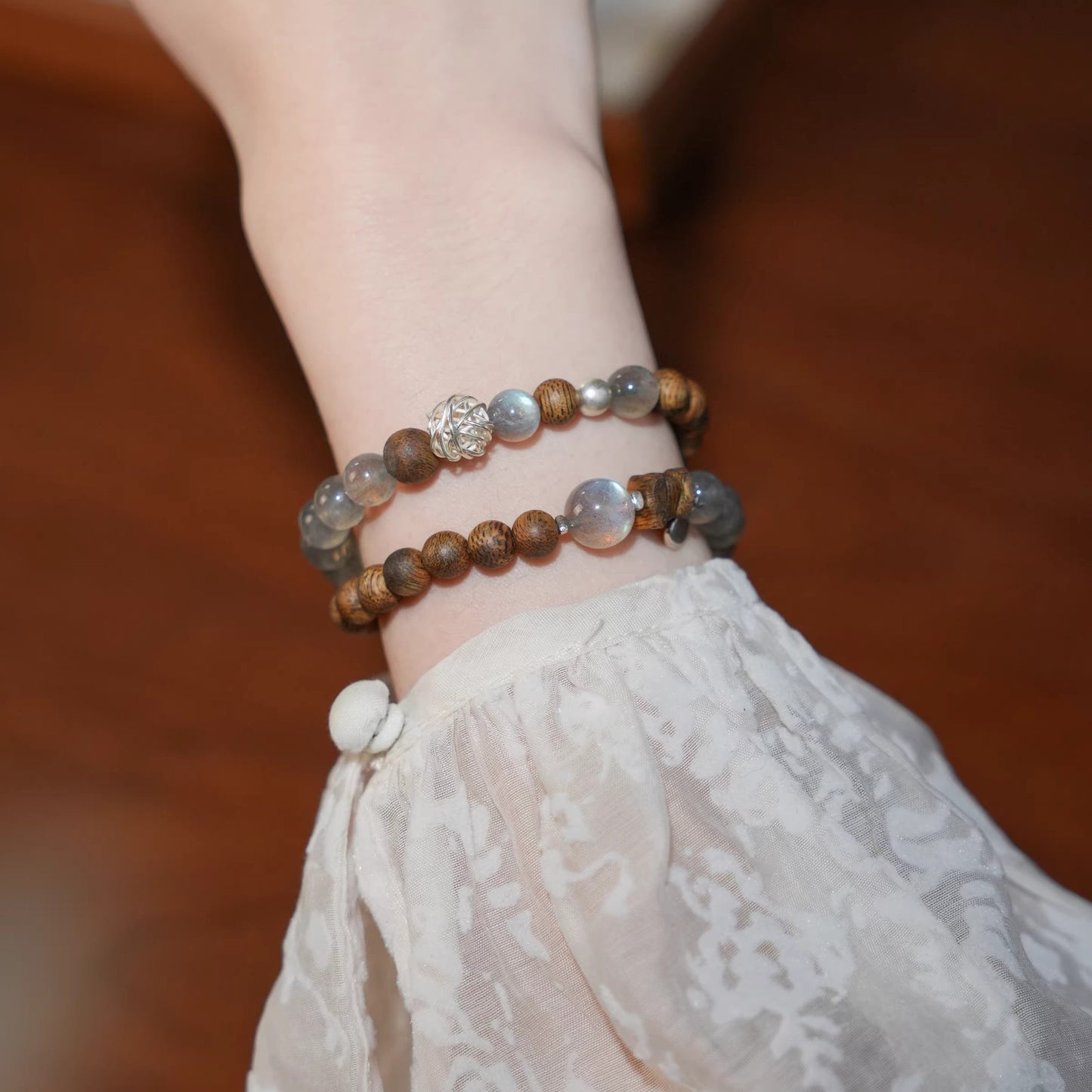 Natural Grey Moonstone & Sandalwood Crystal Bracelet - Double Wrap Lucky Beads for Wealth & Good Fortune - Couple's Jewelry Gift