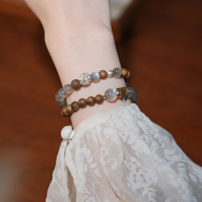 Natural Grey Moonstone & Sandalwood Crystal Bracelet - Double Wrap Lucky Beads for Wealth & Good Fortune - Couple's Jewelry Gift