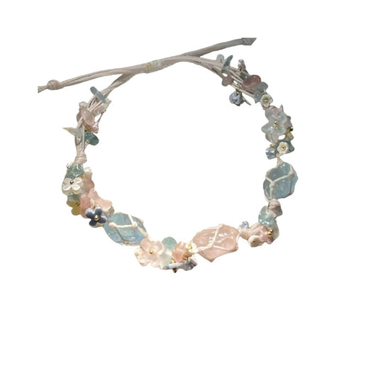 Crystal Net Pouch Handwoven Cord Bracelet (Sweet Floral Charm)