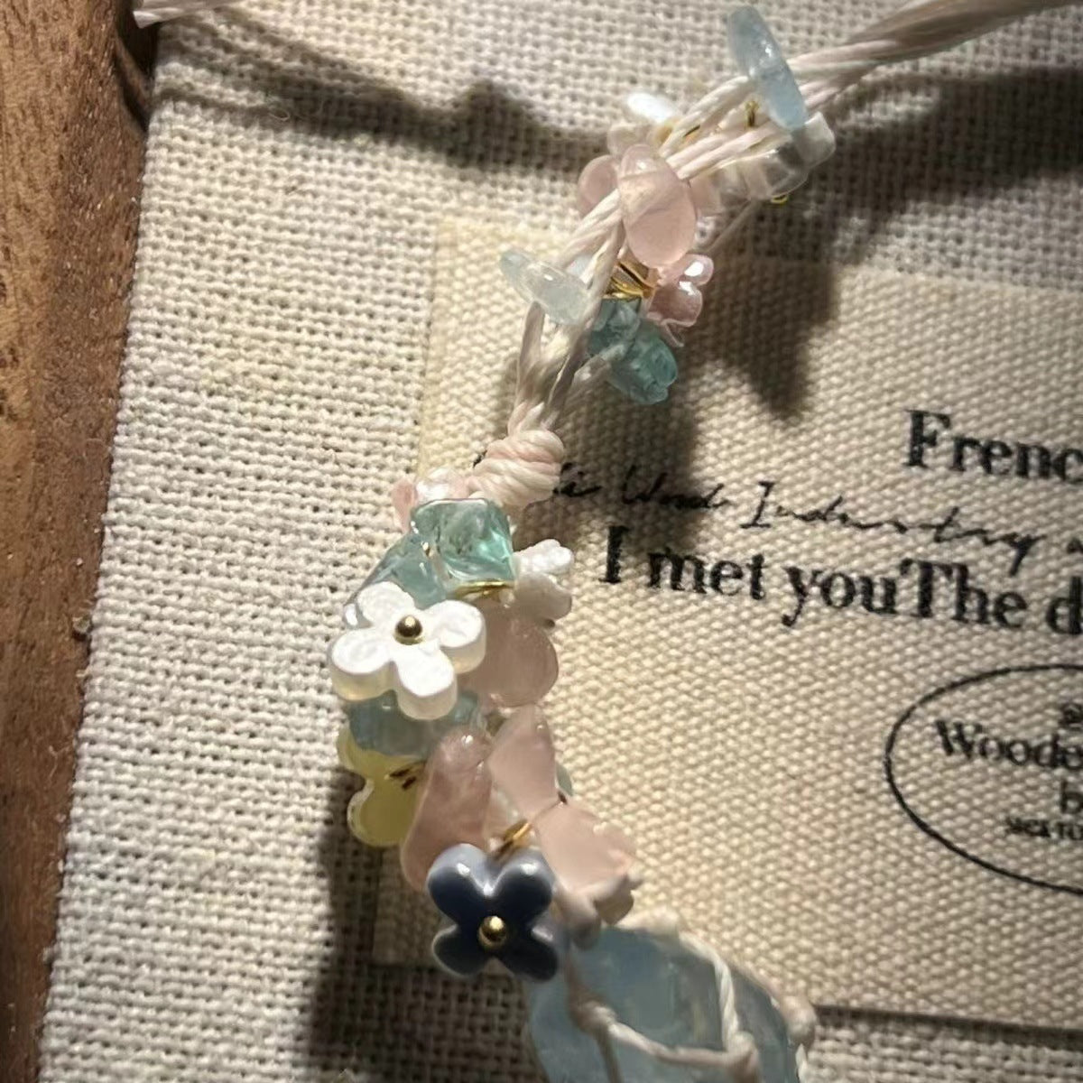 Crystal Net Pouch Handwoven Cord Bracelet (Sweet Floral Charm)