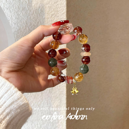 Natural Multi-Color Crystal Bracelet with Golden Bell Charm - Wealth & Good Luck Talisman - Mixed Gemstone Energy Beads for Women