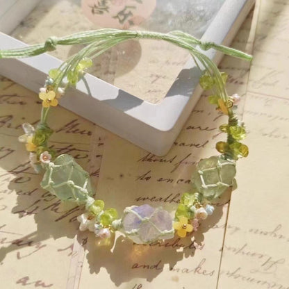 Crystal Net Pouch Handwoven Cord Bracelet (Sweet Floral Charm)
