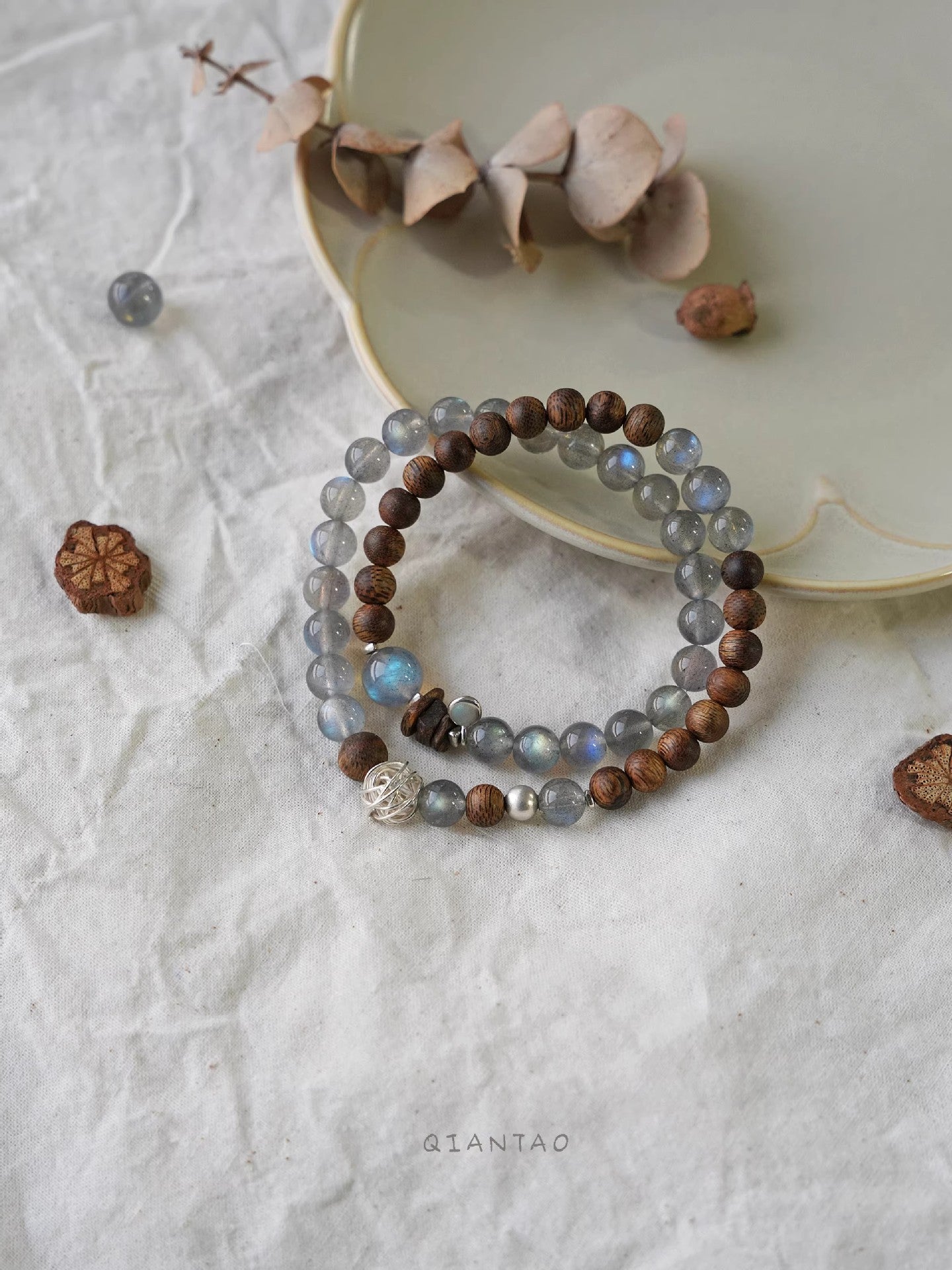 Natural Grey Moonstone & Sandalwood Crystal Bracelet - Double Wrap Lucky Beads for Wealth & Good Fortune - Couple's Jewelry Gift