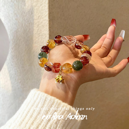 Natural Multi-Color Crystal Bracelet with Golden Bell Charm - Wealth & Good Luck Talisman - Mixed Gemstone Energy Beads for Women