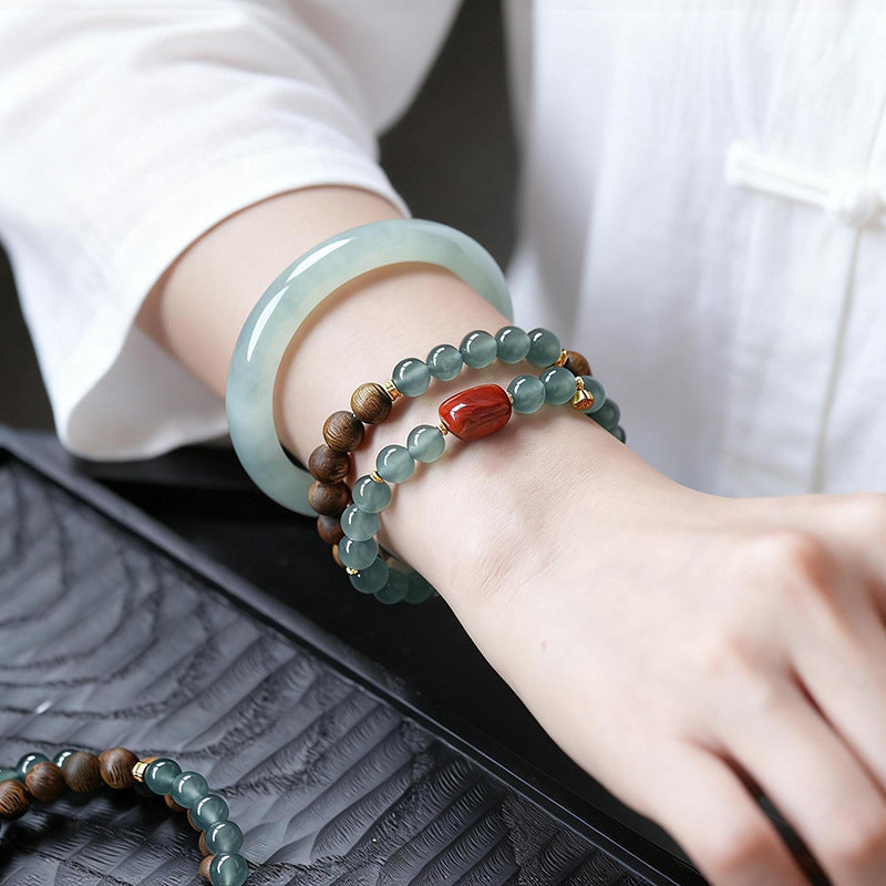 Natural Agarwood & Icy Blue Jadeite Bracelet - Double Wrap Gemstone Beads with Southern Red Agate - Zen Luxury Jewelry for Women
